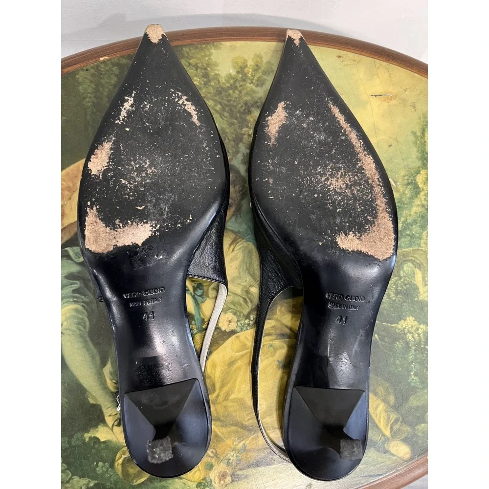 Vintage Paulette Black Leather Pointed Toe Lace Up Slingback Kitten Heels 41